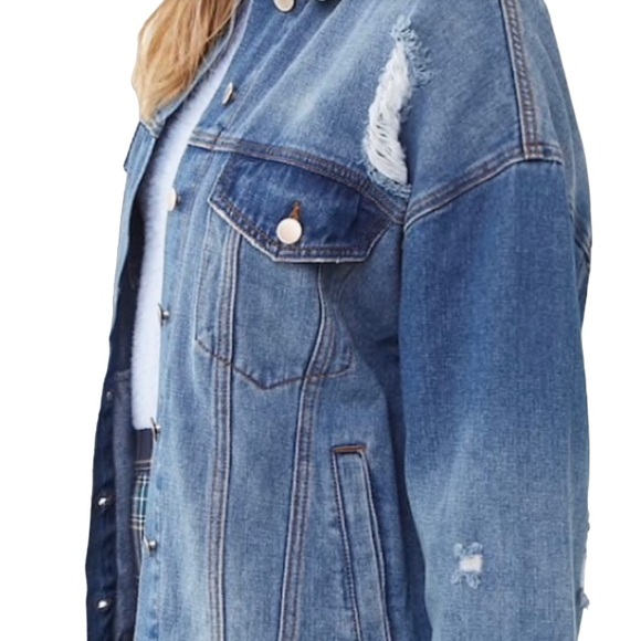 Forever 21 Long Line Distressed Denim Jacket Size S NWT - Picture 4 of 9